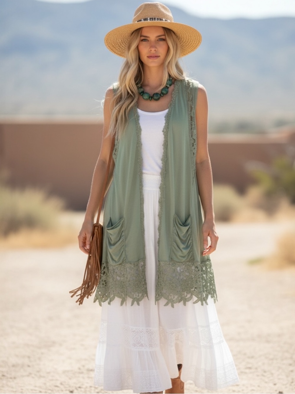 Origami S/M Sleeveless Sage Green Lace-Trim Vest